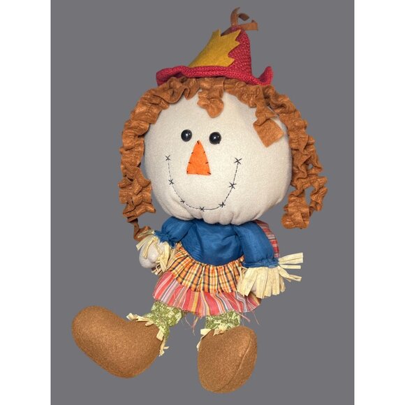 Handmade Scarecrow Plush Doll Shelf Sitter With Red Hat & Plaid Skirt Fall Decor - Picture 1 of 10
